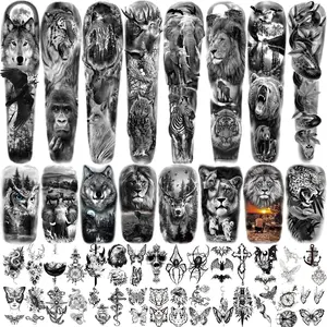Full Arm Temporary Tattoo For Men And Women, 46 Large Waterproof Fake Tattoos for Adults and Kids, Realistic Eagle Lion Wolf Tiger Totem Tattoo Stickers for Body Makeup
