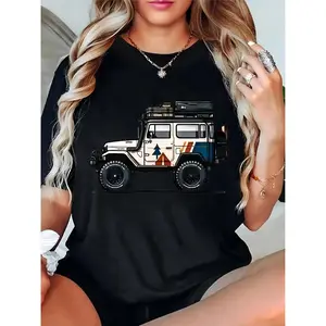 Women's Black T-Shirt with Off-Road Jeep Pine Tree Road Sign Graphic, Casual Outdoor Adventure Top for Daily, Travel & Camping 100% Cotton T-shirt