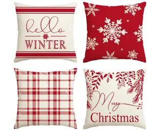 AVOIN colorlife Merry Christmas Hello Winter Buffalo Plaid Snowflake Red Throw Pillow Cover, 18 x 18 Inch Winter Holiday Cushion Case Decoration for Sofa Couch Set of 4