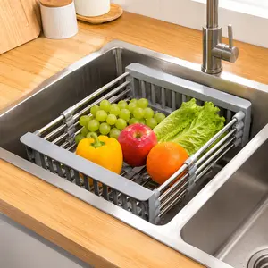 Stainless Steel Expandable Over-Sink Dish Drying Rack - Adjustable Kitchen Sink Organizer with Drainer Basket for Fruits, Vegetables, Utensils, Space-Saving Home Storage