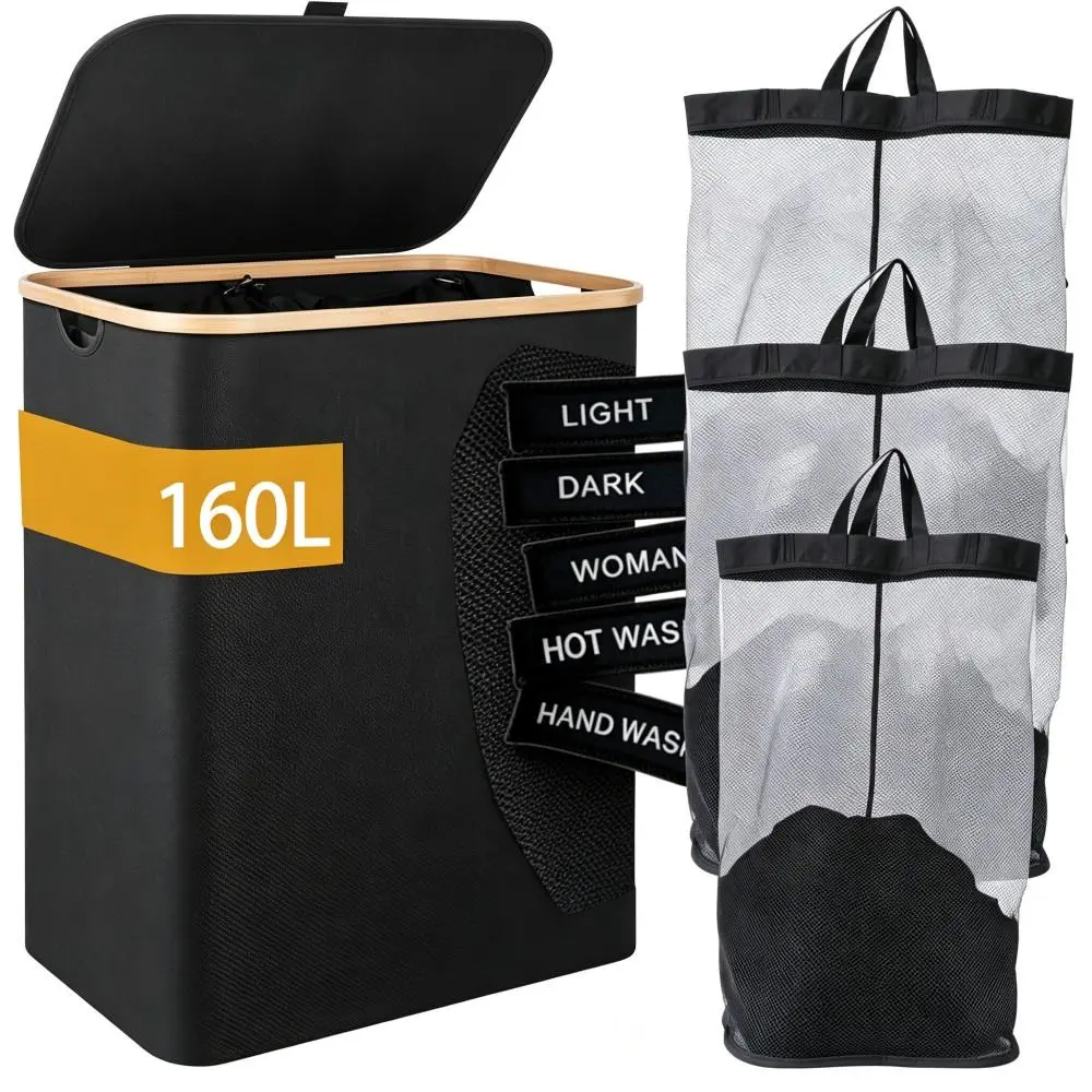 160L Sturdy Frame Laundry Hamper with Lid, 3 Compartment Removable Mesh Bags Bedroom Bathroom Storage Basket