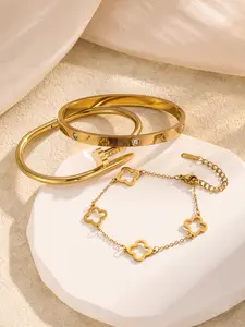 Women's Stainless Steel Four-Leaf Clover Bracelet Set, Durable & Shiny Design, Comfortable Fit, Perfect for Daily Wear