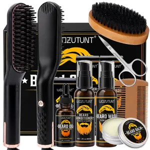Heated Hair Straightening Brush for Men Beard Straightener Grooming Kit for Men, Beard Growth Kit, Wash, Brush & Comb, Growth Oil, Beard Balm, Conditioner, Scissors, Great Gift Idea for Men