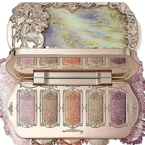Metallic Shimmer Eyeshadow Palette, Multi-Dimension Satin Glossy Finish, Pigmented Bright Sparkly Glitter Cream Eye Shadow for Older Women-Bronze Gold&Champagne Pink&Copper&Smoky Plum