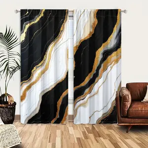 2pcs Window Curtains, Home decoration curtain, abstract pattern of black, white, glittering gold. Design mimics marble or agate, flowing lines and golden veins. Window Drapes for Bedroom Living Room, Rod Pocket Window Treatment