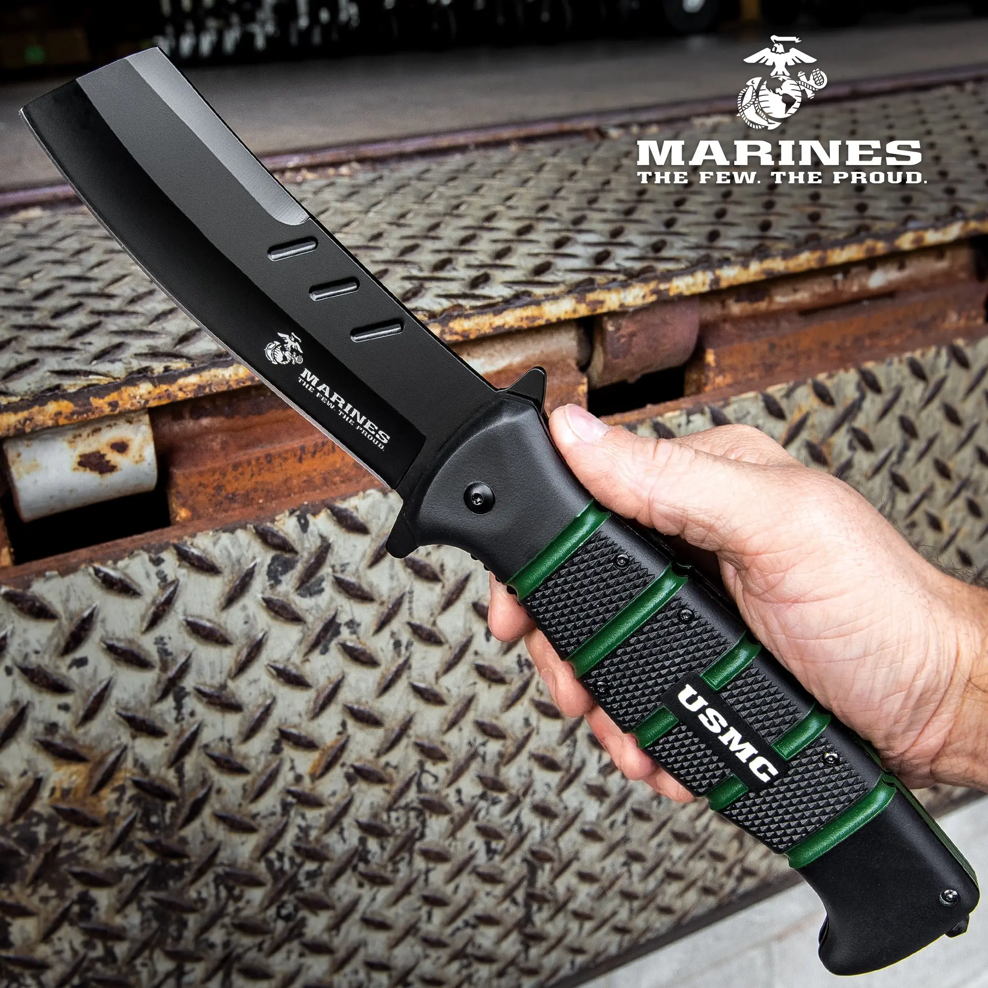 USMC Cleaver Portable Multipurpose Survival Knife, 5.5in Blade, 12in Overall, TPR Deep Groove Handle, Pocket Clip, Glass Breaker - Outdoor Camping Knife, Multi Functional Camping Accessories, Survival Supplies, Portable Multipurpose Knives