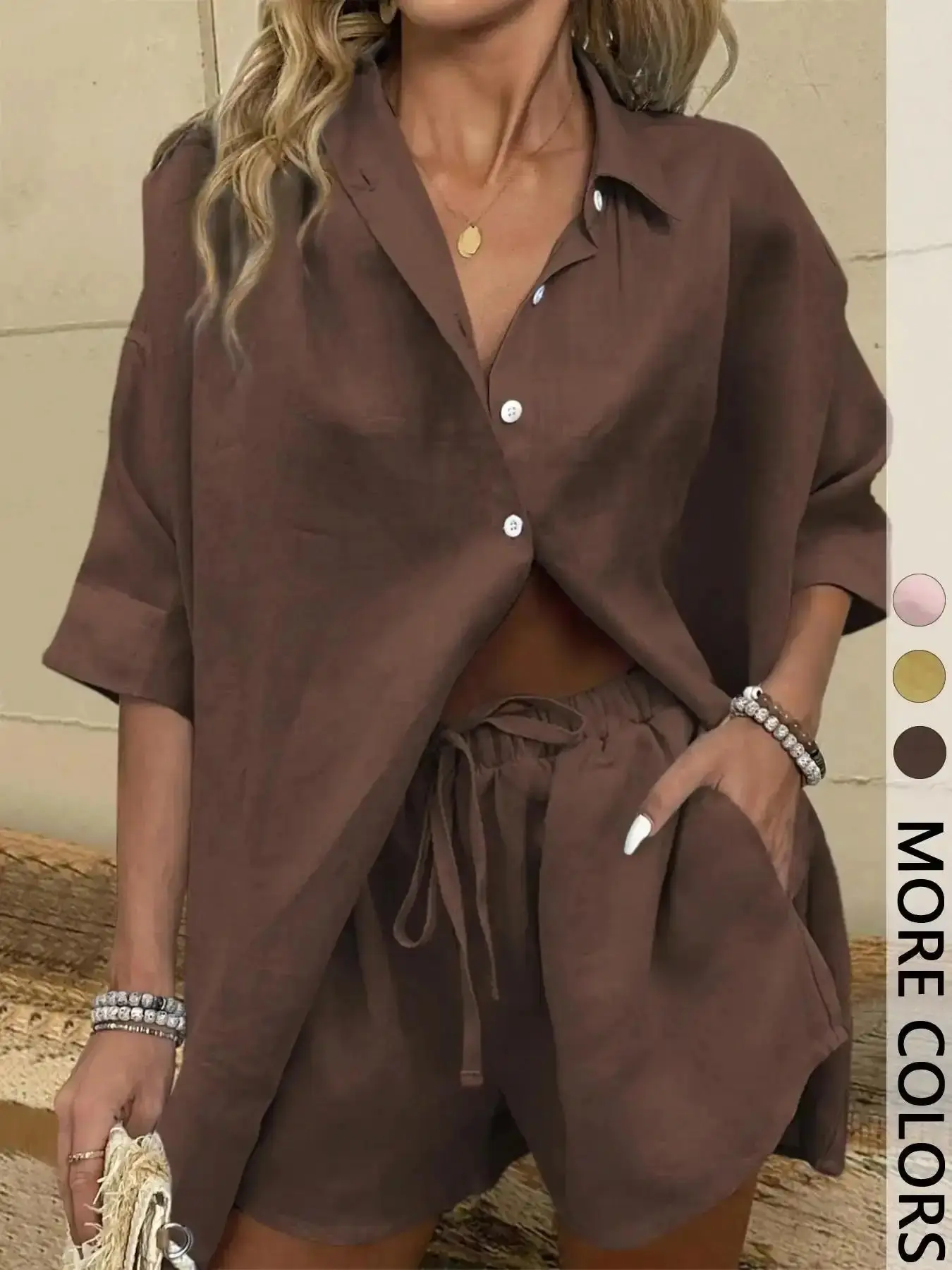 2 Piece Women's Summer Linen Feel Loose Set, Womenswear Brown Button Down Shirt & Shorts Lounge Outfit Loungewear, Cloud Soft, Night In Essential, Sleep Comfort, Soft Stretch, Relaxation Wear, Casual Homewear