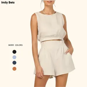Imily Bela  Women's 2pcs Summer Outfits Sleeveless Crop Tank Top and High Waist Pocketed Shorts Loose 2 Piece Short Sets