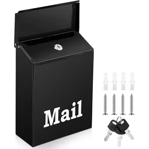 10 x 7 x 3 Inch Small Black Mailbox with Lock for Outside Wall Mount Classic Galvanized Steel Mailbox Rust Proof Apartment Porch Box Safe Key Drop  Box for Home