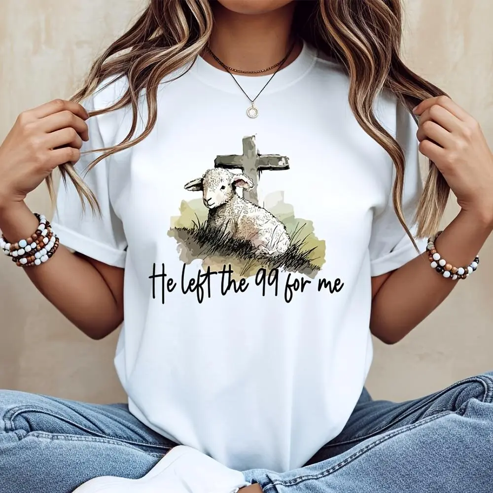Lamb And Cross He Left The 99 For Me Print, Neck Drop Shoulder T-Shirt, Christian Easter Religious Faith Theme, Church Worship Daily Wear