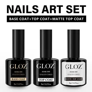 3Pcs 8ml GLOZ Gel Nail Polish Set, Long Lasting Nail Polish, Nail Care, Base Coat + No Wipe Top Coat + Matte Nails Top Coat, Soak Off UV LED Cured Nail Art Manicure Kit for DIY Salon at Home