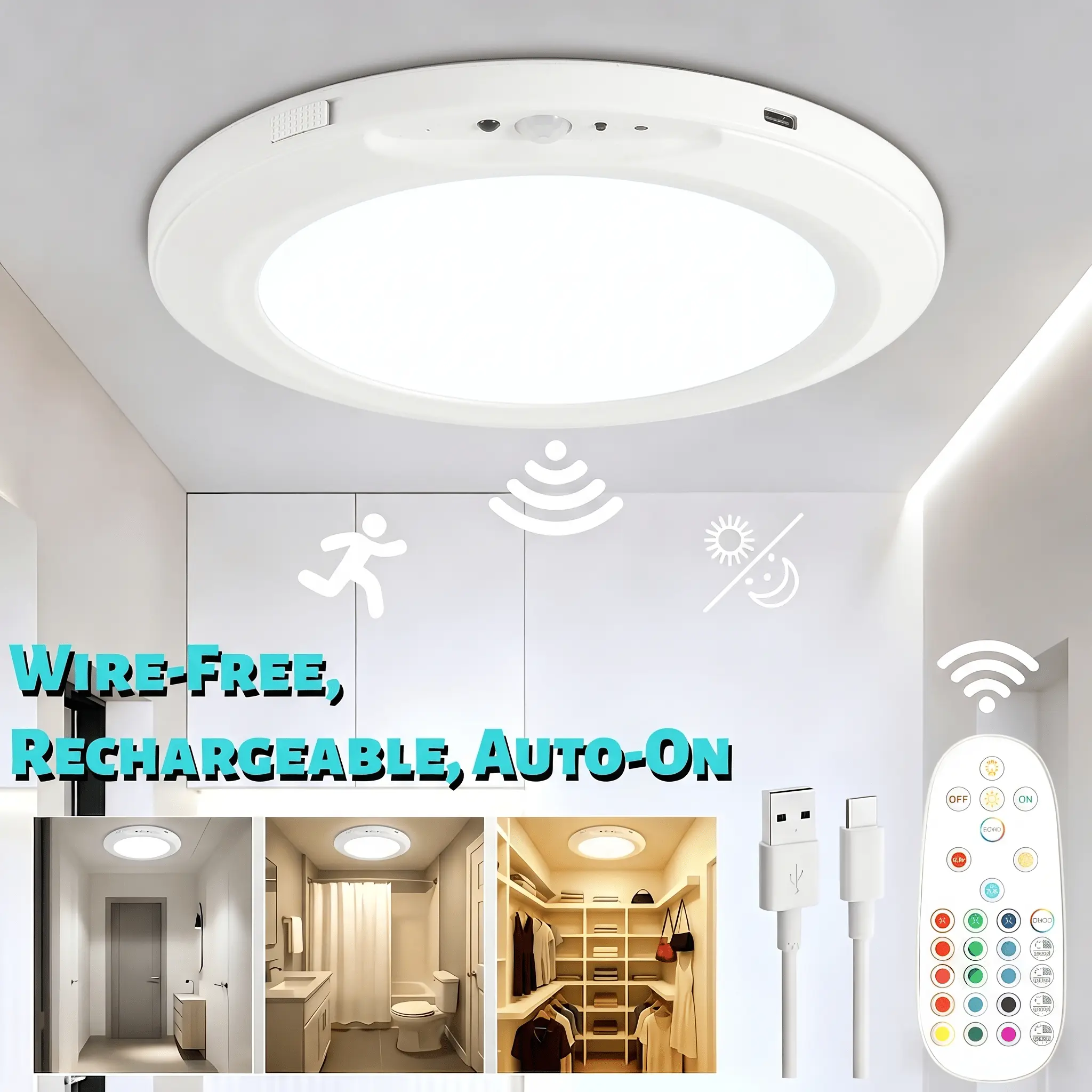Wireless Ceiling Light - Rechargeable LED Motion Sensor Lamp with Remote Control, Dimmable Flush Mount Light for Closet, Bedroom, Bathroom, Hallway & Home Lighting
