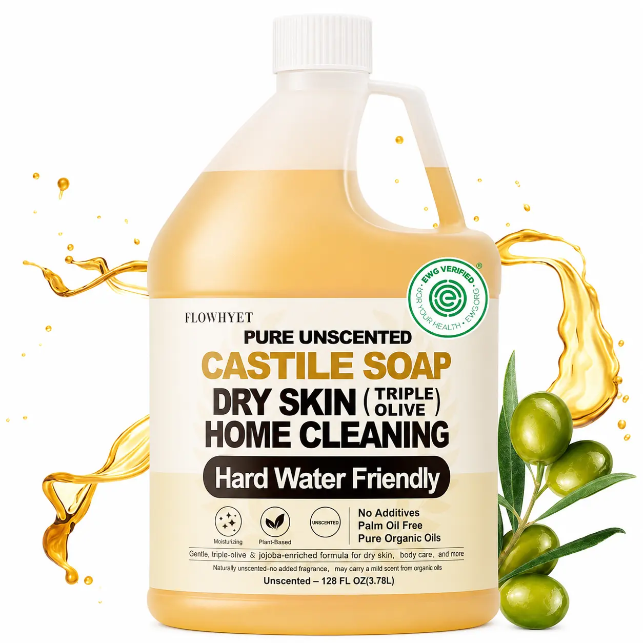 FLOWHYET EWG Verified Unscented Pure Castile  , 1 Gal (128oz) Moisturizing Cleanser - Hard Water Friendly Refill for Dry Skin ( & Hand Wash) foam soap