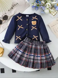 Girls' Knitted Cardigan Set with Bear Patch & Cross Decoration, Plaid Pleated Skirt, School Style, Comfortable, Perfect for Daily Use, Girl Clothes School, Fashion Clothes Set, Clothes Kids