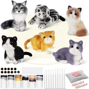 Needle Felting Kit, 6 PCS Animal Needle Felting Beginner Kits, Wool Felt Needle Felting Tools Foam Pad, Craft Party Supplies for Beginners Adult(Cat Family)