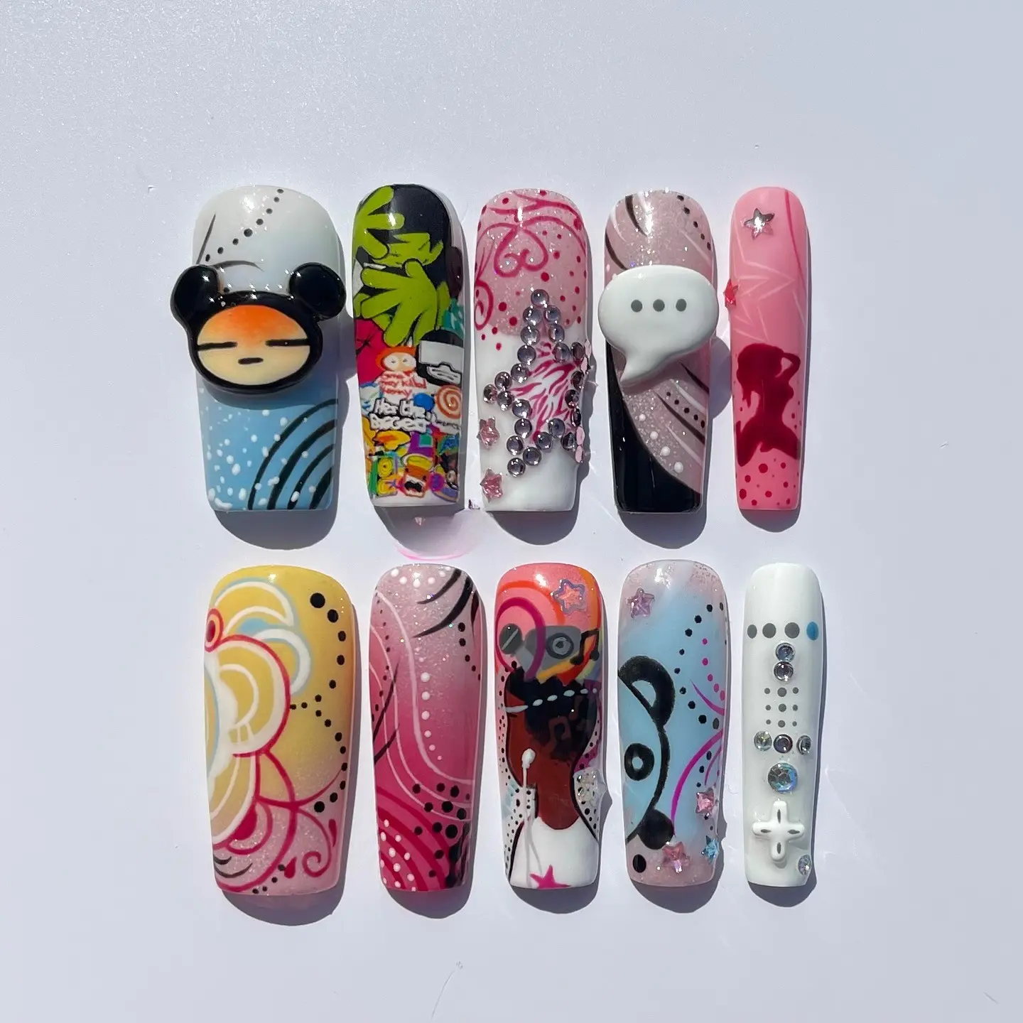 Y2K Cartoon Press On Nails, UPuccane ODomono 3D Coffin Fake Nails, Colorful Streetwear Handmade Kawaii Nail Art | Free Adhesive Tabs Nail File Cuticle Stick