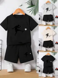 Boys Football Silhouette Print Short Sleeve T-Shirt Shorts Set, Summer Casual Sport Two-Piece, Breathable Round Neck Top Loose Fit Pants, Youth Kits