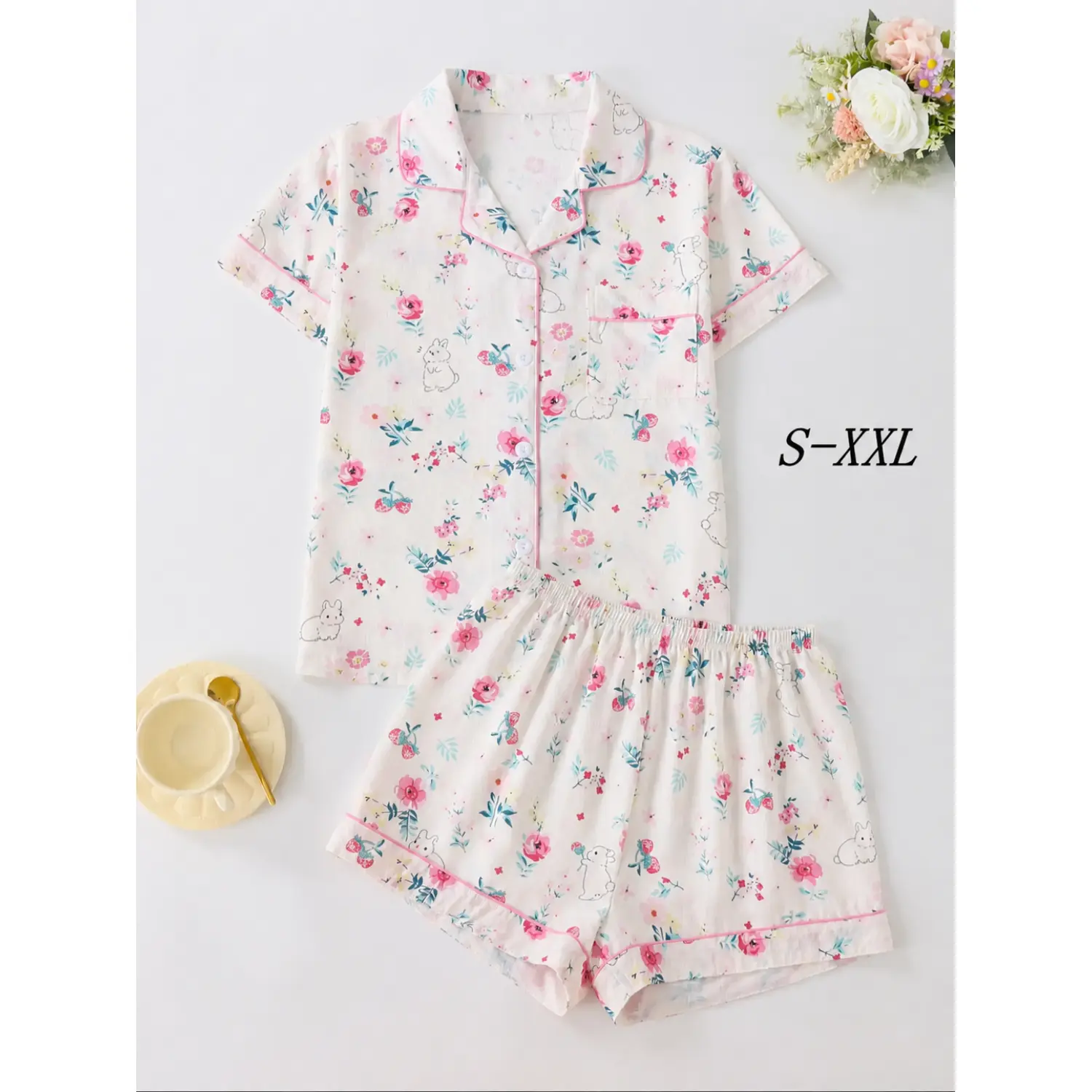 Floral Rabbit Print Women's Pajama Set - Short Sleeve Lapel Shirt & Elastic Waist Shorts Sleepwear, Summer Loungewear