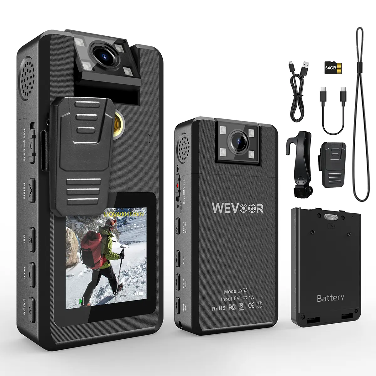 Wevoor 1296P FHD Police Body Camera A53, 20Hours Dual Battery Pack, 64GB Wearable Video Camera with IR Night Vision + 180° Rotatable Lens, Premium Portable Action Camcorder Mount Anywhere for Cycling Work Travel
