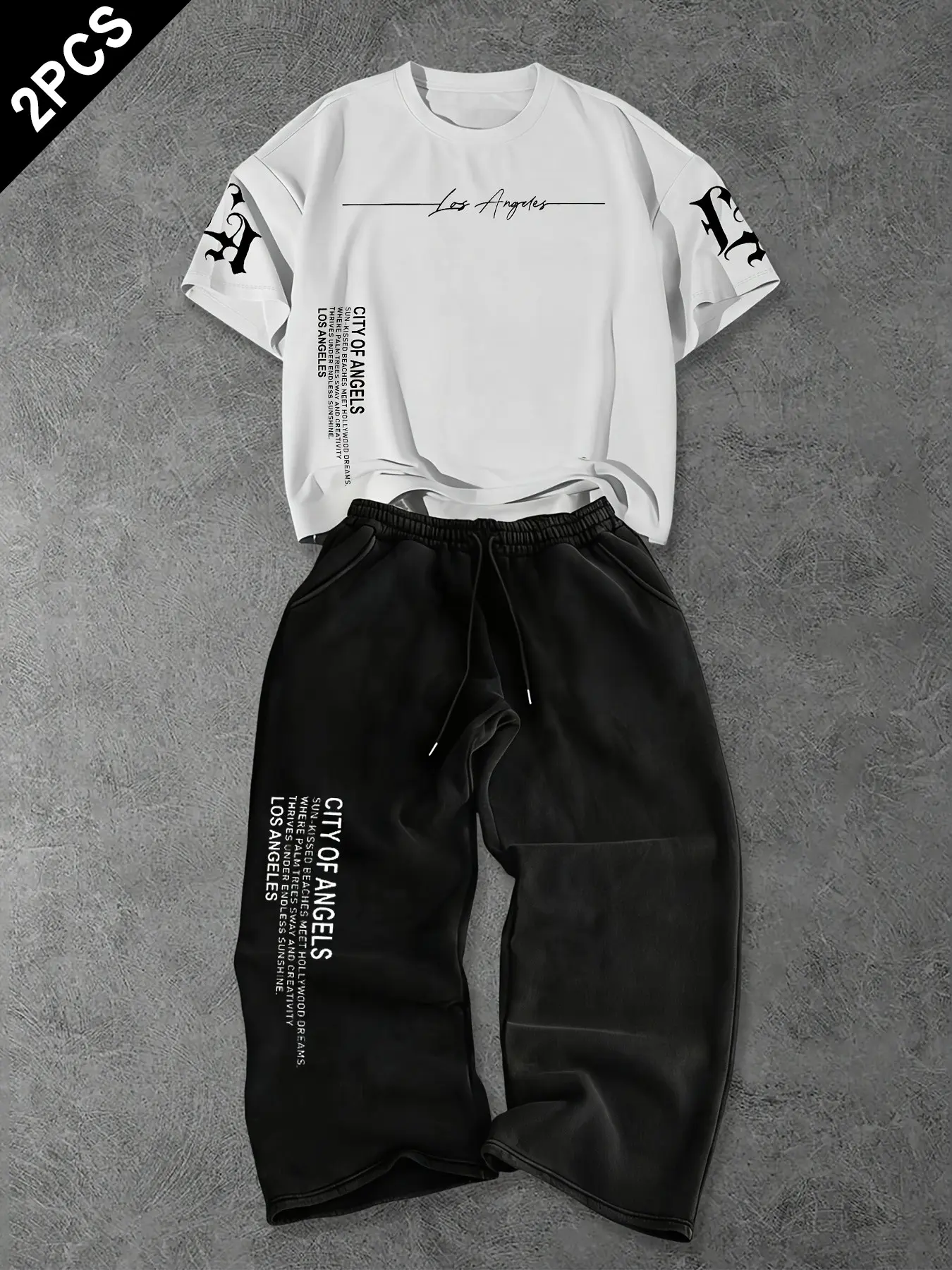 American Streetwear Cleanfit Men's Los Angeles Theme Graphic Print Two-Piece Set, Soft Breathable Fabric, T-Shirt + Straight Leg Pants, Urban Style