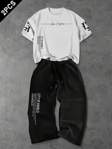 American Streetwear Cleanfit Men's Los Angeles Theme Graphic Two-Piece Set, Soft Breathable Fabric, T-Shirt + Straight Leg Pants, Urban Style
