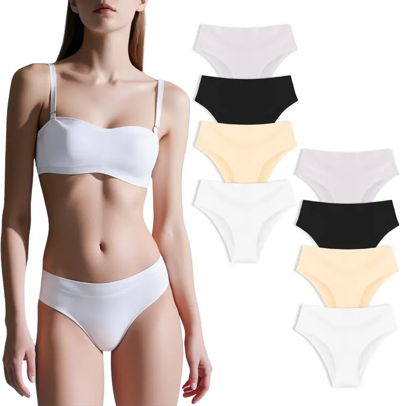 Women's Cotton Panties - 4pcs/8pcs, Mid-High Waist Bikini Underwear, Modest Casual Breathable Lightweight Soft Solid Color Briefs for Ladies, Hipster Coverage, Sizes M to 4XL