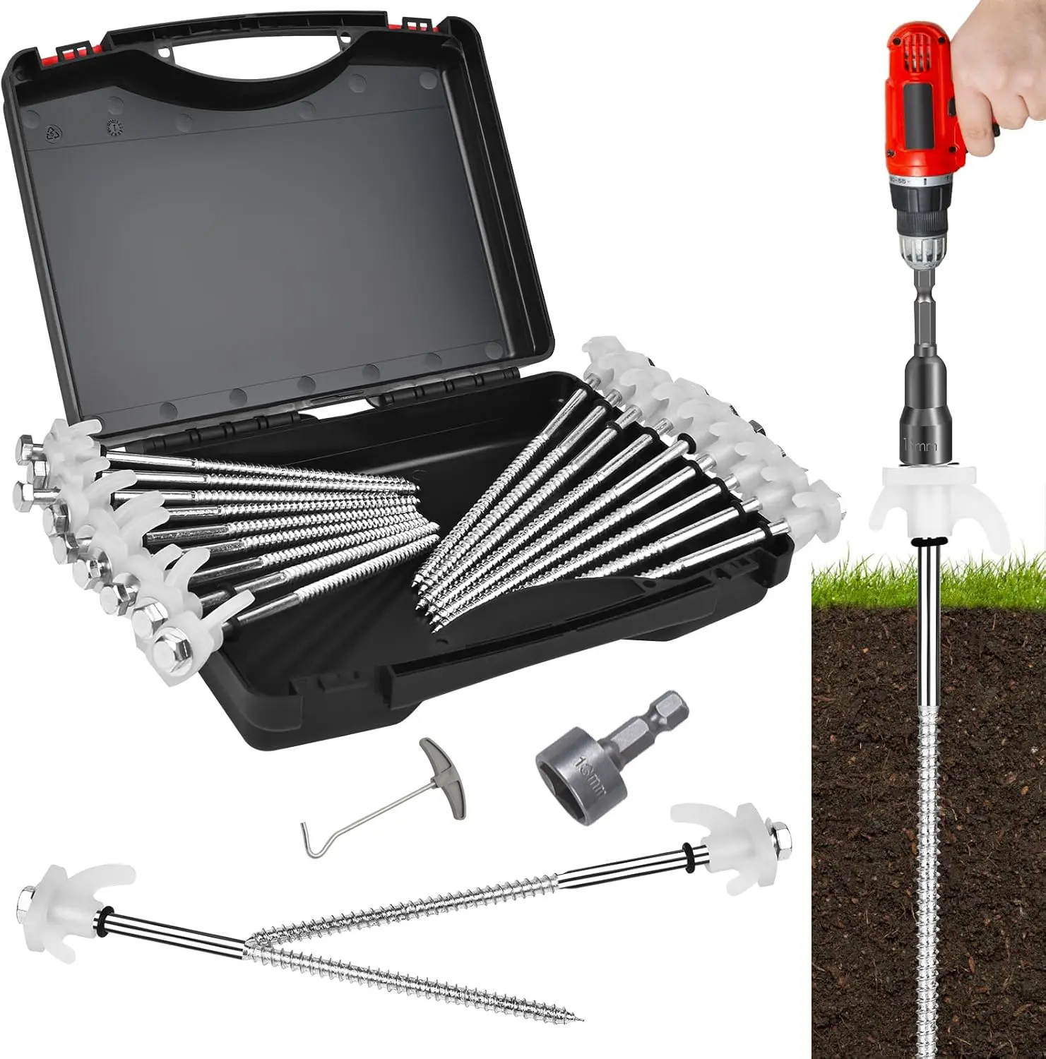 18 Pack 8inch Screw in Tent Stakes Heavy Duty Ground Anchors Screw Tent Pegs Camping Stakes, Hex Pegs Drillable Tent Stakes and Hexagon Head Drive and Storage Box