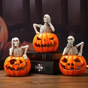 Creative Halloween Pumpkin Skull Lamp Ornament, Resin Skeleton Head Craft, Party Decoration Prop, Home Shelf Fireplace Decor, Decorations Supplies