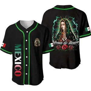 All Black Lady of Guadalupe Baseball Jersey – Mexican Faith Inspired Button Up Shirt