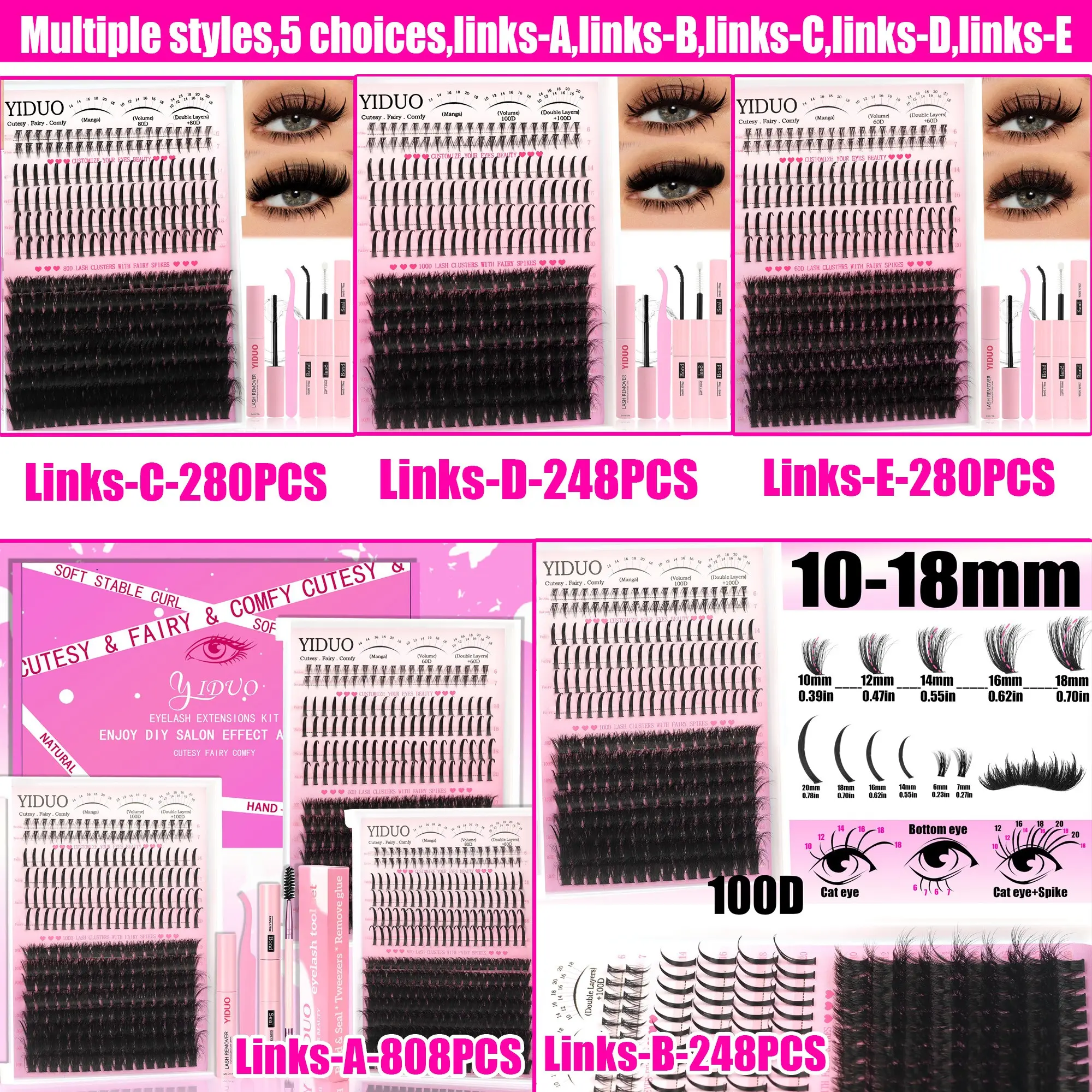 3-5 Styles Lash Clusters Kit, Volumized false eyelashes, 60D/80D Manga Volume 3D Eyelash Clusters with Bottom Spiky Lashes Extensions 6-20mm D Curly Wispy Individual DIY Lash Clusters kit with Bond&Seal, Tweezers, Removers, DIY False Eyelashes
