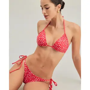 Red Floral Drawstring Triangle Bikini Set