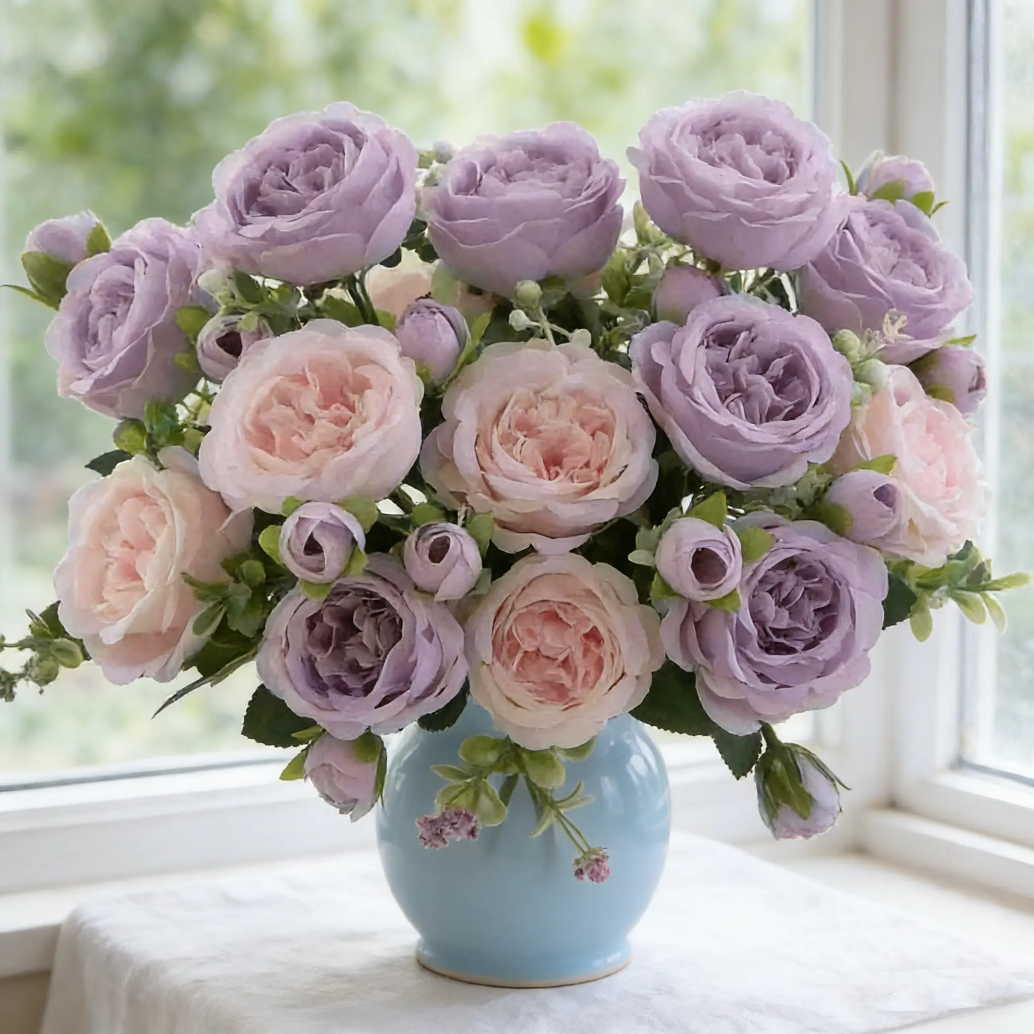 3-Stem Realistic Look Artificial Light Purple & Pink Peonies Flowers Bouquet, Decorative Fake Arrangement, No Vase Needed for Wedding, Anniversary, Home Kitchen Table Centerpieces, Floral Decor