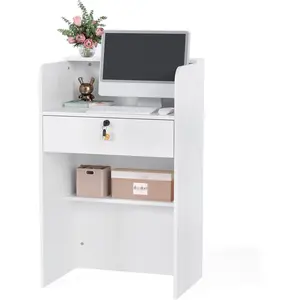 OmySalon Reception Desk with Counter, Small Front Desk w/Lockable Drawer, Wooden Modern Reception Table for Salon Lobby Office Home