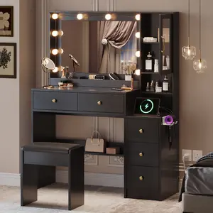 TOKSOM Vanity Desk with Mirror and Lights Set with 5 Storage Drawers Power Outlet & Chair with RGB Ambient Light Adjustable Brightness for Girls Bedroom Large Corner Desk Vanity Makeup Vanity Desk Vanity Mirror White Black