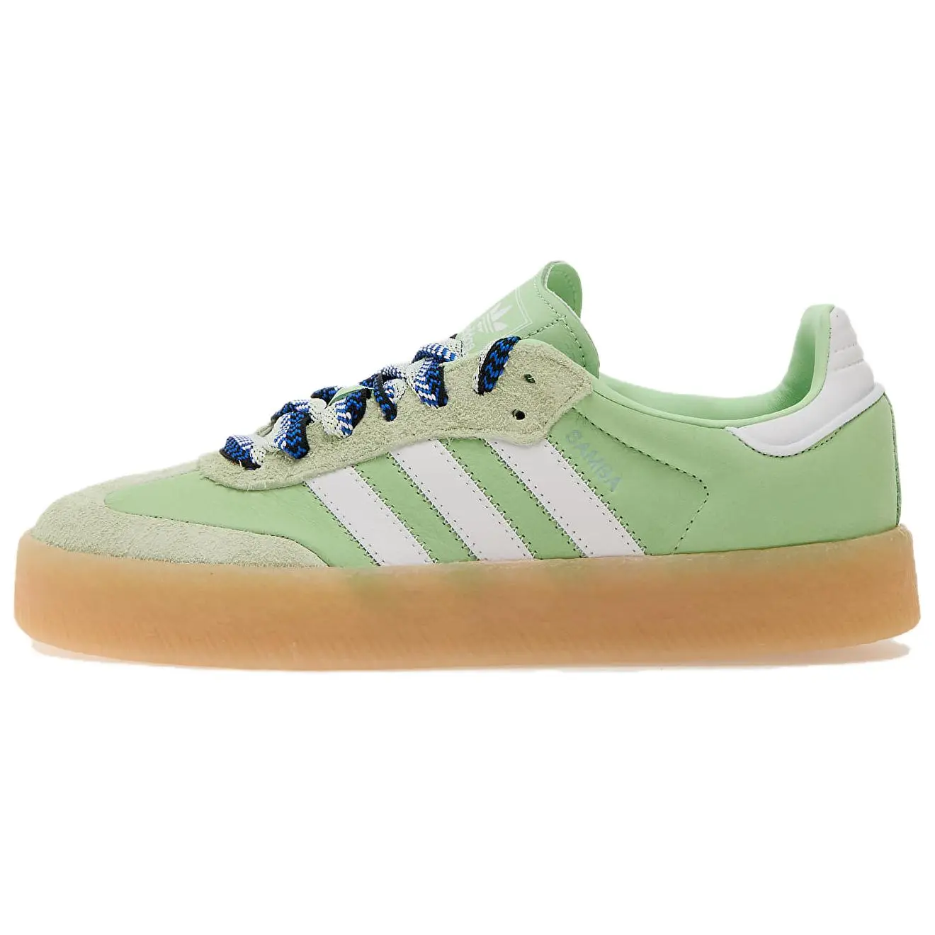 Adidas Women's Closed Sambae Leather Casual Trainers - Retro Style Platform Sneakers with Leather Upper, Semi Green Spark-White-Wonder Blue, Signature Stripes, 6.5 US, 7 US, for Everyday Wear, Athletic Use, Runs Small, Retro Look