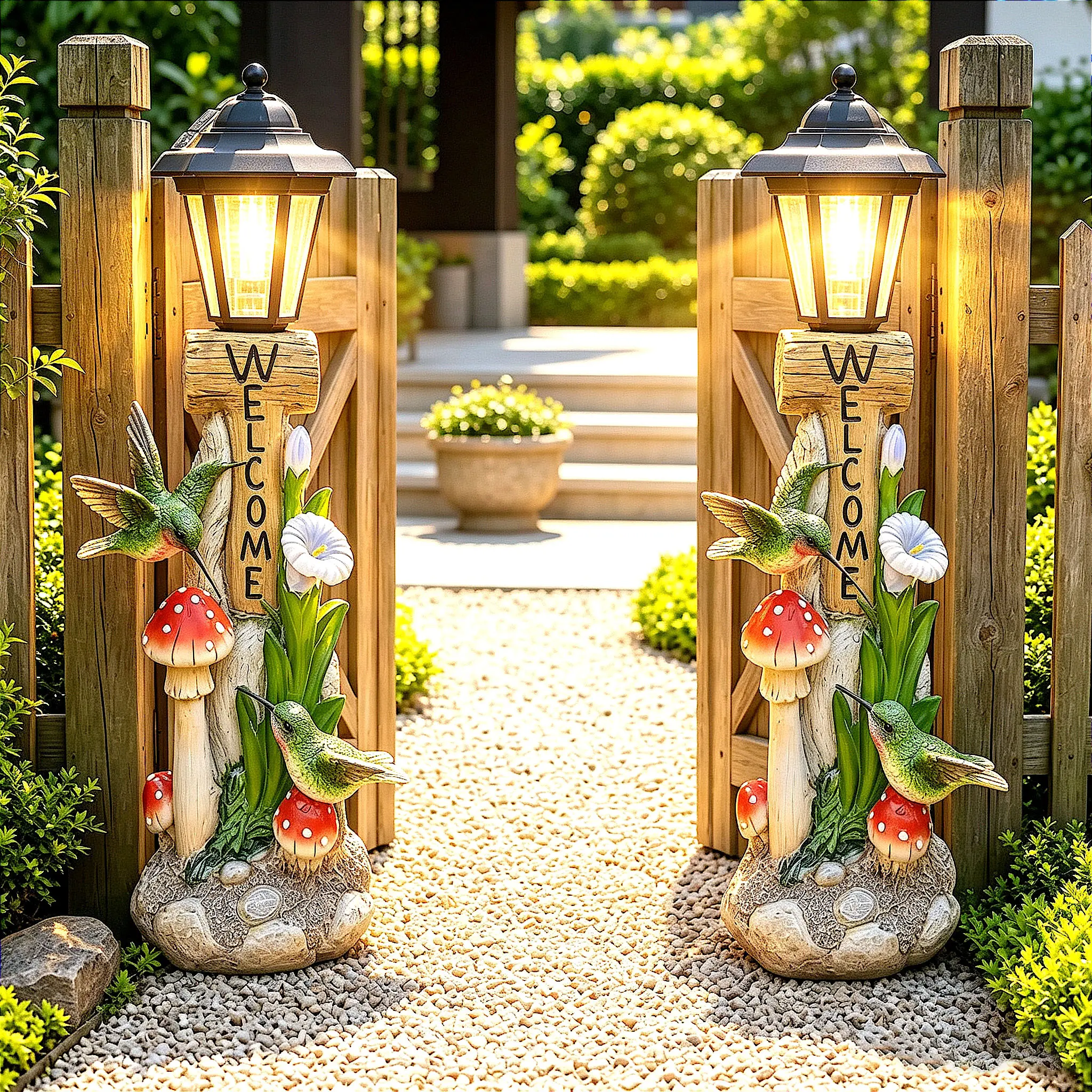 1-Piece Solar-Powered Resin Tree Trunk Hummingbird Mushroom Sculpture Welcome Sign with IP44 LED Light, Outdoor Decor Statue, Home Decor Gift for Mom, Courtyard Use