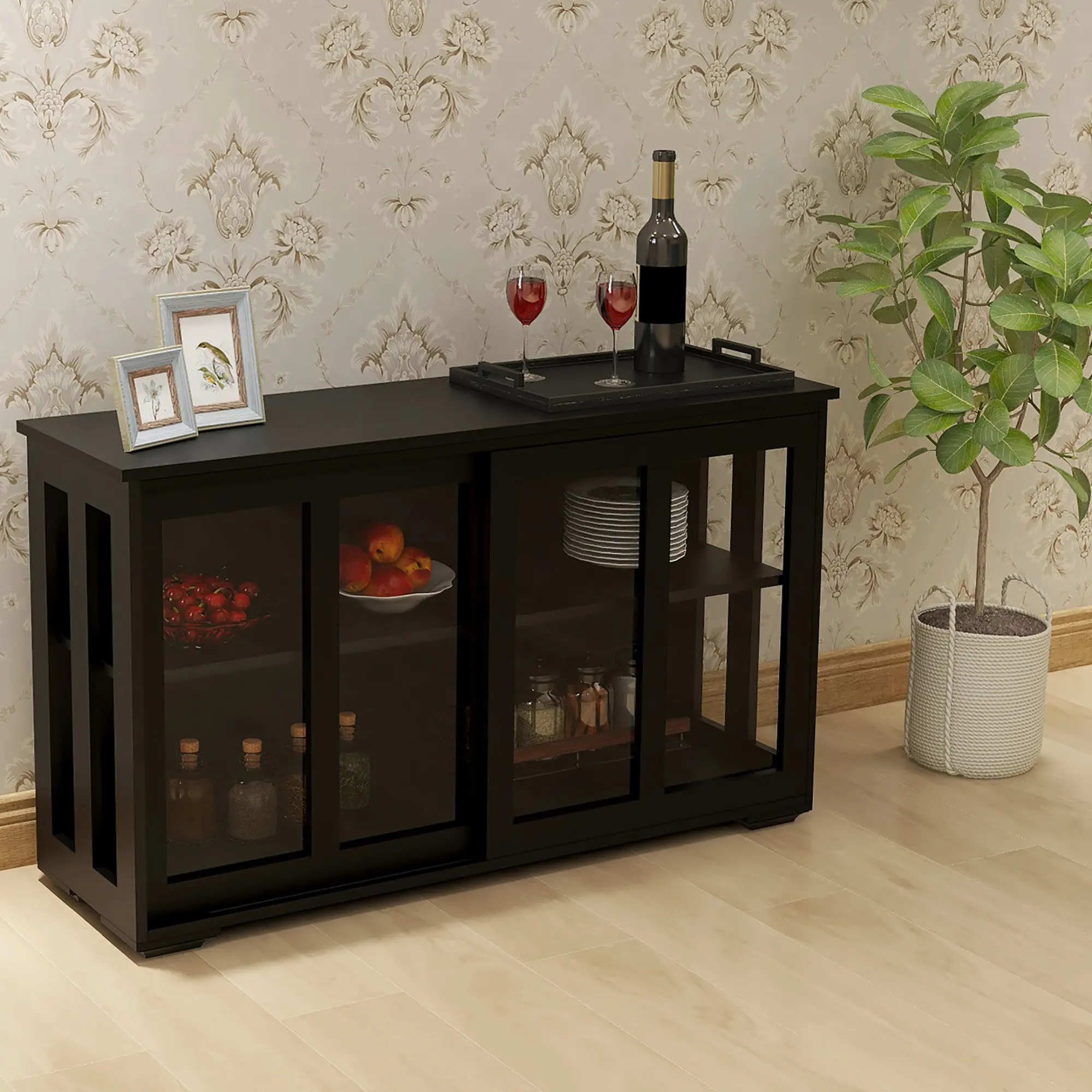 Kitchen Storage Stand Cupboard with Glass Door, Black Freestanding Cabinet with Shelves for Kitchen, Dining Room, Pantry Organization, Modern Display Cabinet for Dishes, Glassware, and Cookware, Single Door Storage Unit, Home Furniture and