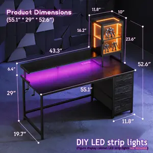 【Figure Display Cabinet】55’‘ Gaming desk with Led Lights Strip, Computer Desk with 3 Drawers & Dual Monitor Stand, A must-buy for gamers & anime fans, Homeoffice Desk & Writting Table, Black