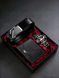 Men's Fashion Quartz Watch Set with Wallet and Belt, Accessories Set, High-End Gift Box Included, Perfect for Business Casual Daily Wear