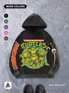 Ninja Turtle Heroes in a Half Shell Graphic Pullover Hoodie, Loose-Fit Cotton Blend, Vintage Washed Style, Unisex Casual Wear