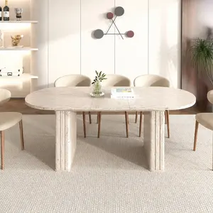 ARCH Extendable Oval Long-Durability Dining Table - 4-8 People Capacity, Travertine-Inspired Beige MDF, Rounded Corners, Water-Resistant, Scratch-Resistant, Modern Minimalist Indoor Furniture for Family Dining Room, Long-Durability Dining Tables
