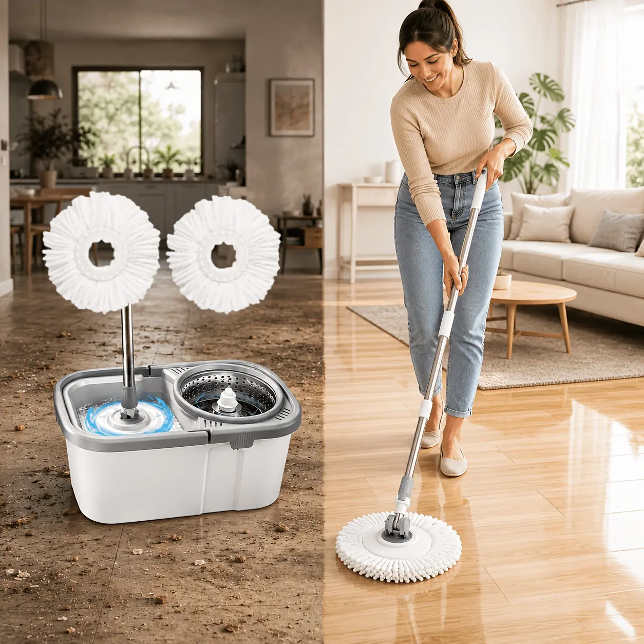 Dual Drive Hands-Free Mop Bucket Set, Turbo Wash & High-Speed Spin System, 360° Rotating Head Steel-Plastic Microfiber Mop for Hardwood, Tile Floors Home Cleaning