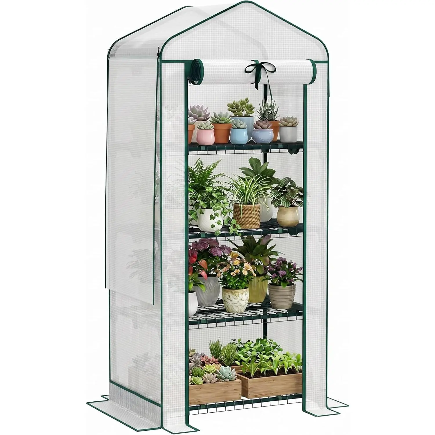 4 Tier Mini Greenhouse with Screen Roof, 27.6" x 19.7" x 62.2", Small Greenhouse with High Strength PE Cover, Roll-Up Zipper Door for Yard Backyard, White