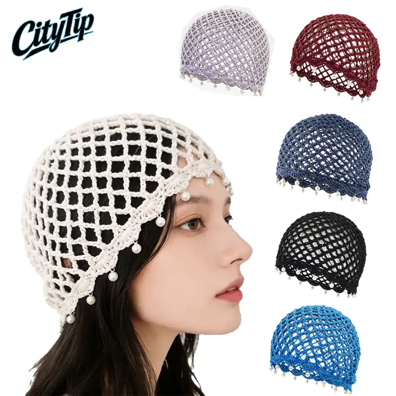 Women's Crochet Mesh Beanie Hat, Pearl Edge Hollow Out Knit Cap, Y2K Fashion Summer Breathable Hair Cover Hat, Stretchy Brimless Fisherman Style Hat for Women, Vintage Boho Streetwear Accessories