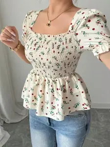 Floral Ditsy Square Neck Casual Short Sleeve Summer Shirt Blouse, Waist Cinched Design, Perfect for Warm Weather, Comfortable and Stylish Top