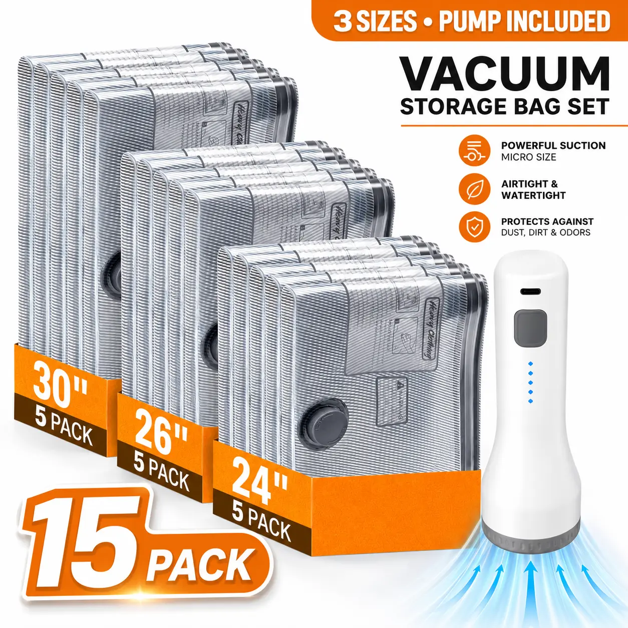 Vacuum Storage Bags with Cordless Pump, 15/18 Pack Compression Packing Bags for Travel, Space Saver Bags for Clothes, Luggage Packing, Closet Storage, Moving & Dorm Organization