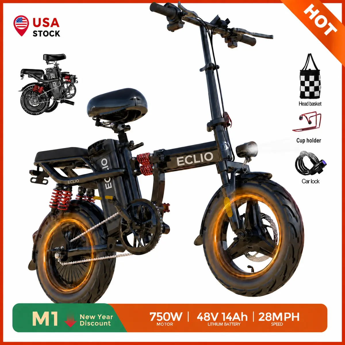 Folding Electric Bike for Adults, Eclio M1 Long Range Ebike with 48V Removable Battery, 750W  Peak Motor, 28MPH Top Speed, 50-70 Miles Range, All Terrain Commuter Electric Bicycle with Suspension