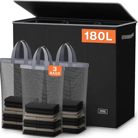 SOLEDI 180L Rectangular Degradable Polyester Waterproof Laundry Basket - Sturdy Metal Frame, Lid, Handle, 3-Section Extra Large Household Item Organizer for Couples, Clothes & Room Storage
