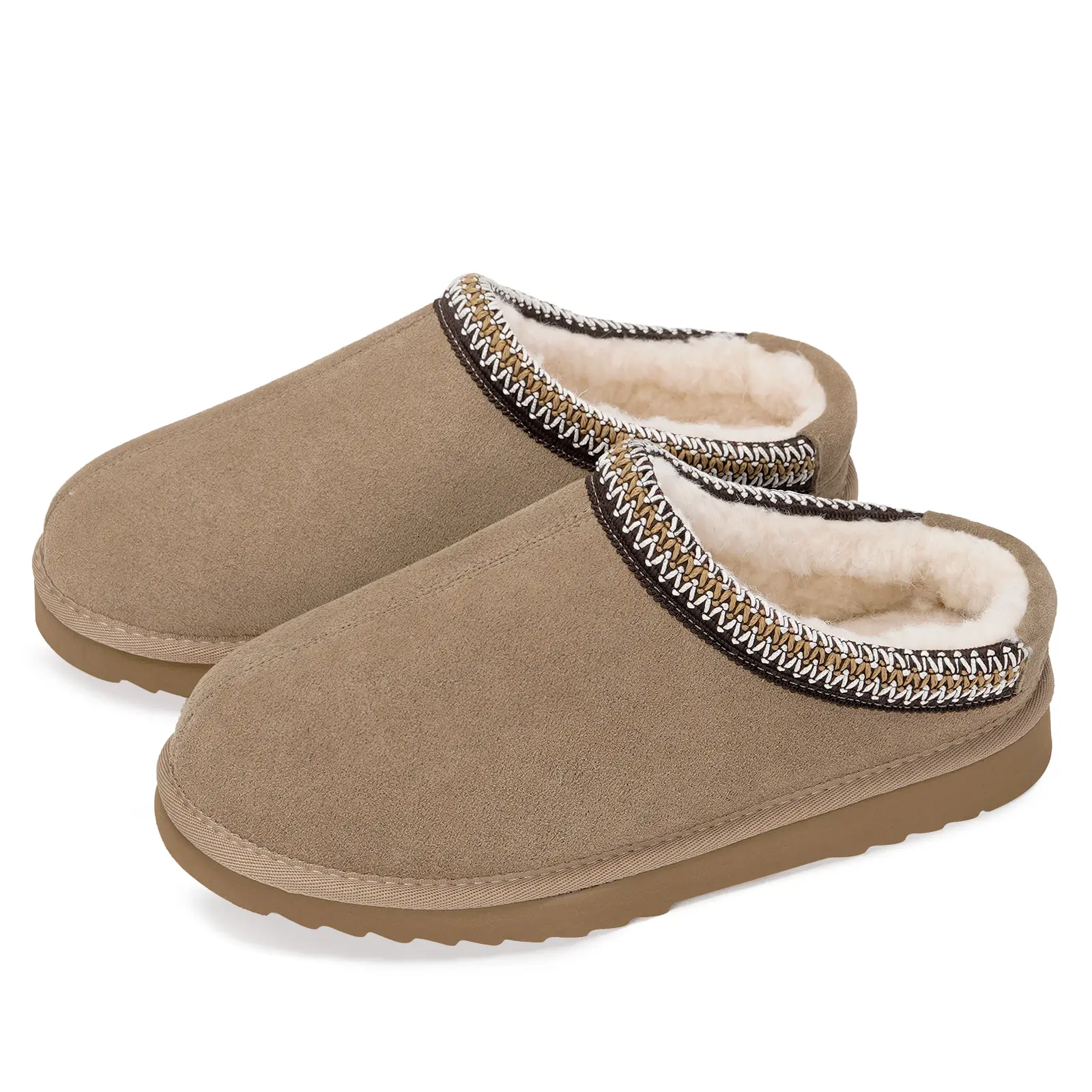 Genuine Suede Leather House Slippers for Women & Men, Fleece Lined Winter Mules with Anti-Slip Flat Sole, Water Resistant Indoor Outdoor Platform Slippers Black