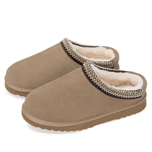 Genuine Suede Leather House Slippers for Women & Men, Fleece Lined Winter Mules with Anti-Slip Flat Sole, Water Resistant Indoor Outdoor Platform Slippers Black